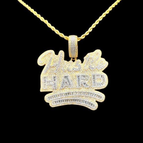 14K Yellow Gold Finish Hustle Hard  - Free 24inch x 3mm Rope Chain. - Picture 4 of 8